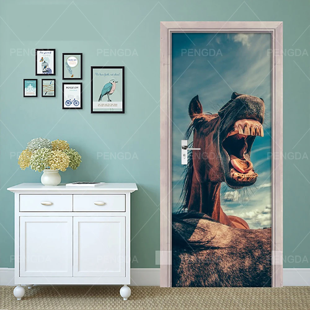 Печать самоклеящаяся картина креативные животные лошадь декоративные наклейки на дверь Водонепроницаемый 3D Фреска обновления наклейки для гостиной