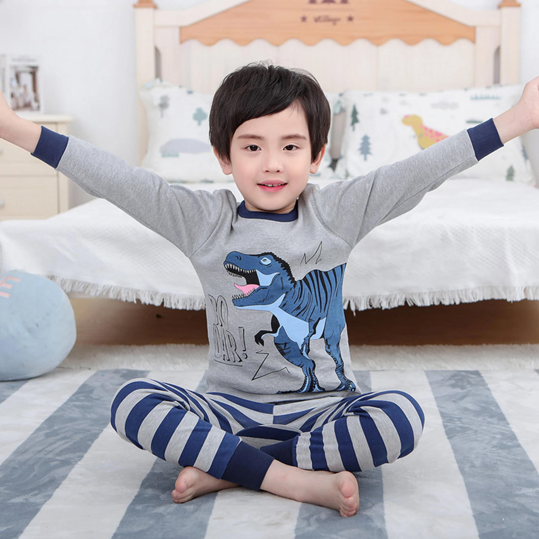 Kids Boys Dinosaur Sleepwear Cartoon Funny Pajamas Set Children Winter Nightwear 