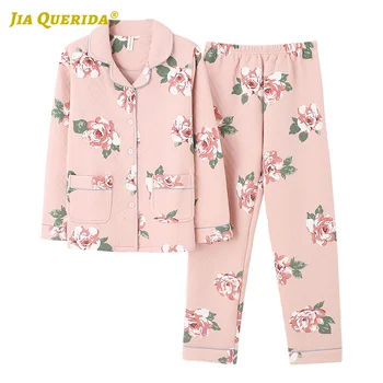 

Long Sleeve Long Pants Sleepwear Winter Warm Casual Style Homesuit Homeclothes Pajamas Set Floral 3 Layers Padded Cotton