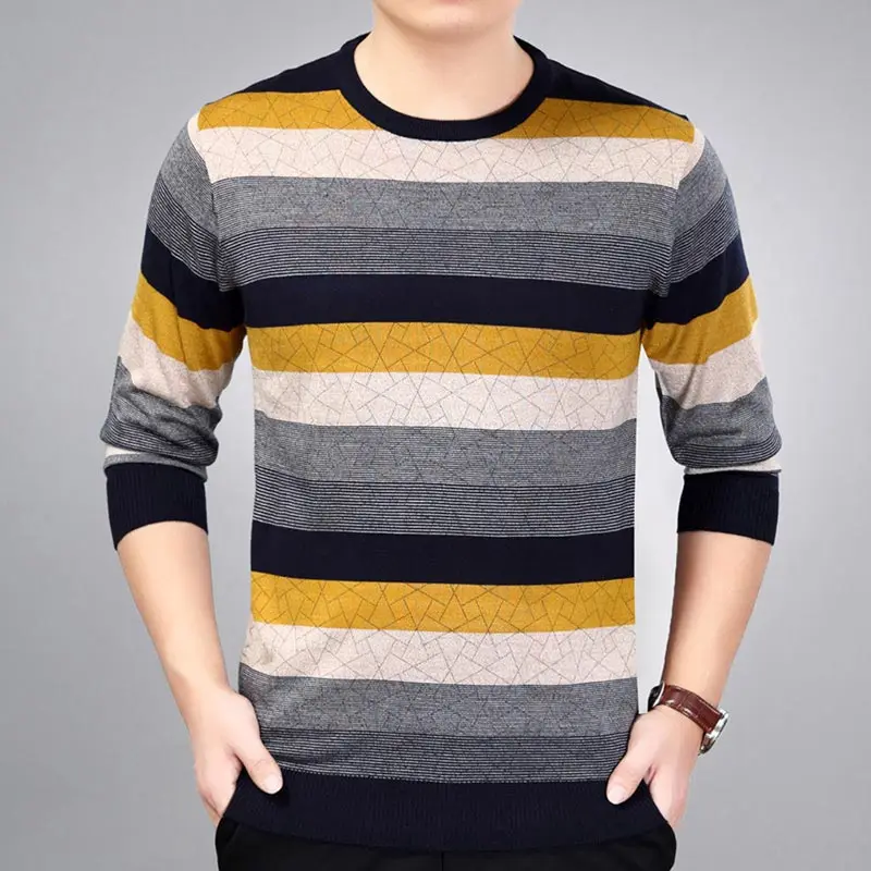 3123Yellow HISTREX brand social cotton thin men's pullover sweaters casual crocheted striped knitted sweater men masculino clothes - Цвет: 3123Yellow