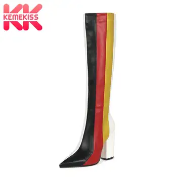 

KemeKiss Thigh High Boots Women Big Size 34-45 Sexy Pointed Toe Mixed Color Luxury Designer Shoes Women Winter Warm High Heels