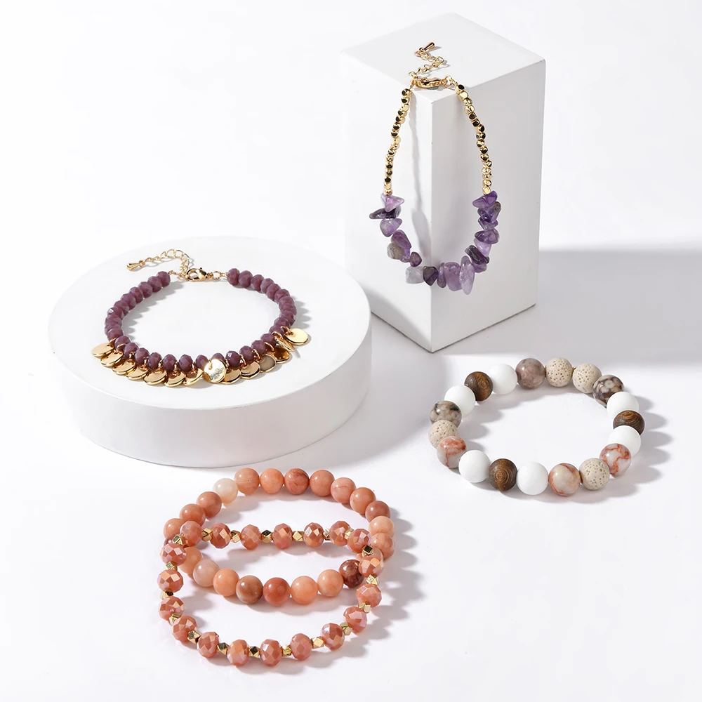 NEW Fashion Multilayer Women Bracelets & Bangles Golden Leaf Open Cuff Natural Stone Crystal Bracelet Set Lady Jewelry BCSET320