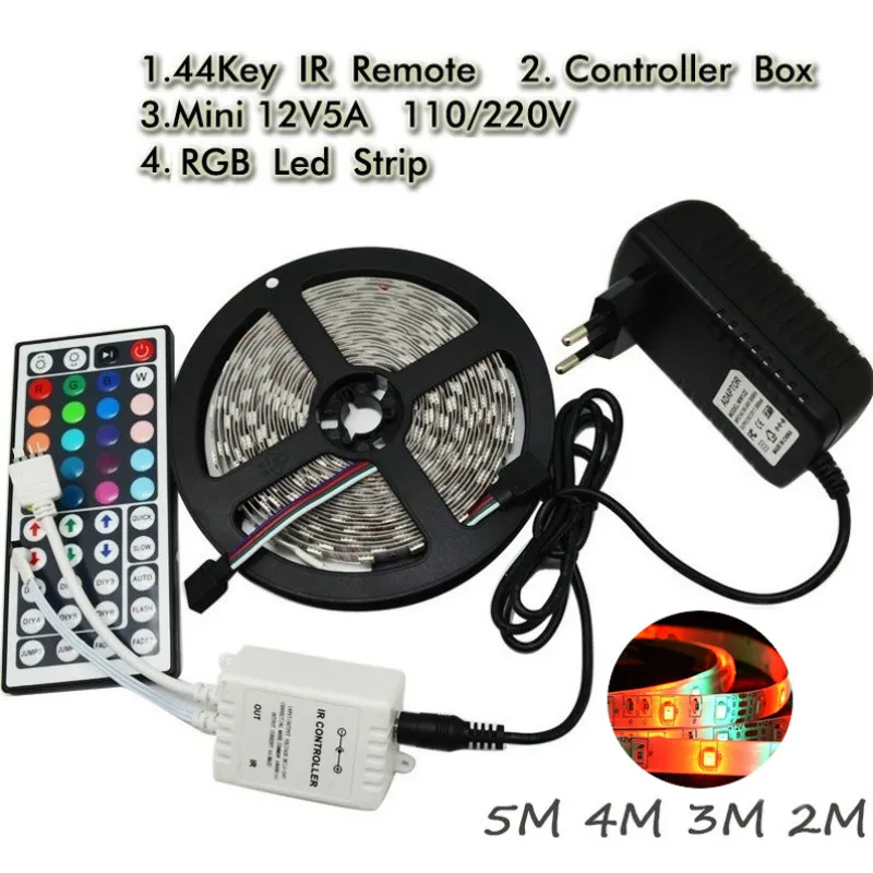 cheap 44Key Remote 1 2 3 4 5 10M LED Lamp RGB Led Strip Light 2835 Flexible Lighting String Ribbon Tape Home Decoration Lamp Tape