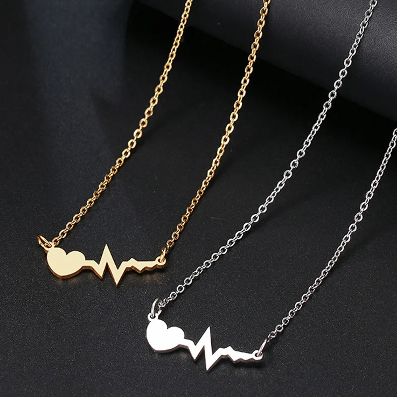 Delicate Stainless Steel Lifeline Pulse Heartbeat Cardiogram Hollow Heart-shaped Charm Necklace