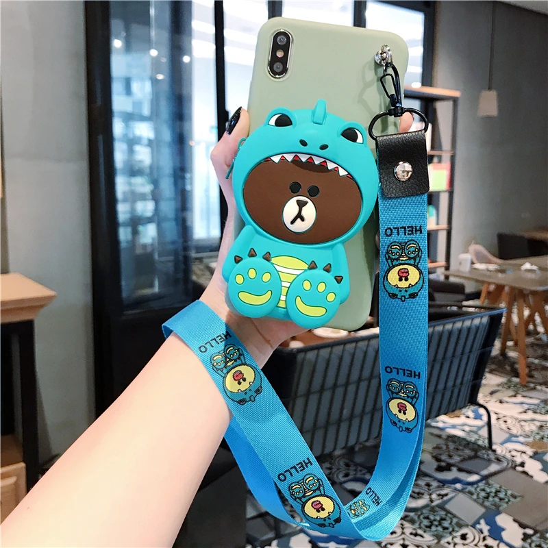 Zipper Wallet Cartoon Phone Case For Xiaomi Max 3 Mix 2 2s F1 Redmi 6A 4X 4A 5 5A 5x 6x 3D Pig Bear Soft silicone Lanyard cover