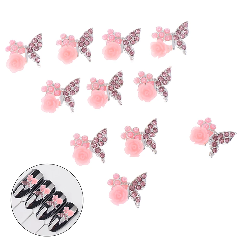 Crystal Rhinestones For Nail Art Decoration 10pcs/bag 3D Pink Butterfly Jewelry Glitter Silver Alloy Manicure Supplies | Красота и