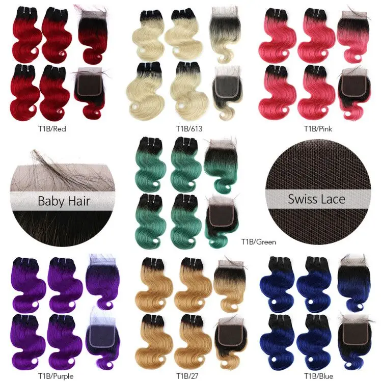 Human Hair Bundles 4 Bundles With Closure Brazilian Body Wave Colorful Two Tone Ombre Blond Red Blue human hair extensions human hair weave