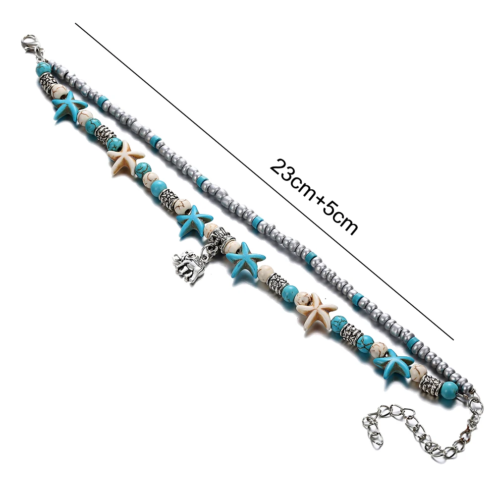 Women Anklet Turtle Heart Starfish Charm Double Layer Beaded Anklet Women Ankle Bracele on the leg Woman's accesories