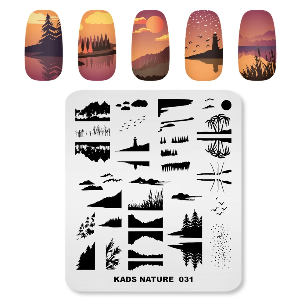 Nail Art печати пластины для стемпинга горный картина по номерам "Закат на реке" изображение трафарет для печатей для ногтей Красота дизайн Нержавеющая сталь трафарет для ногтей Инструменты