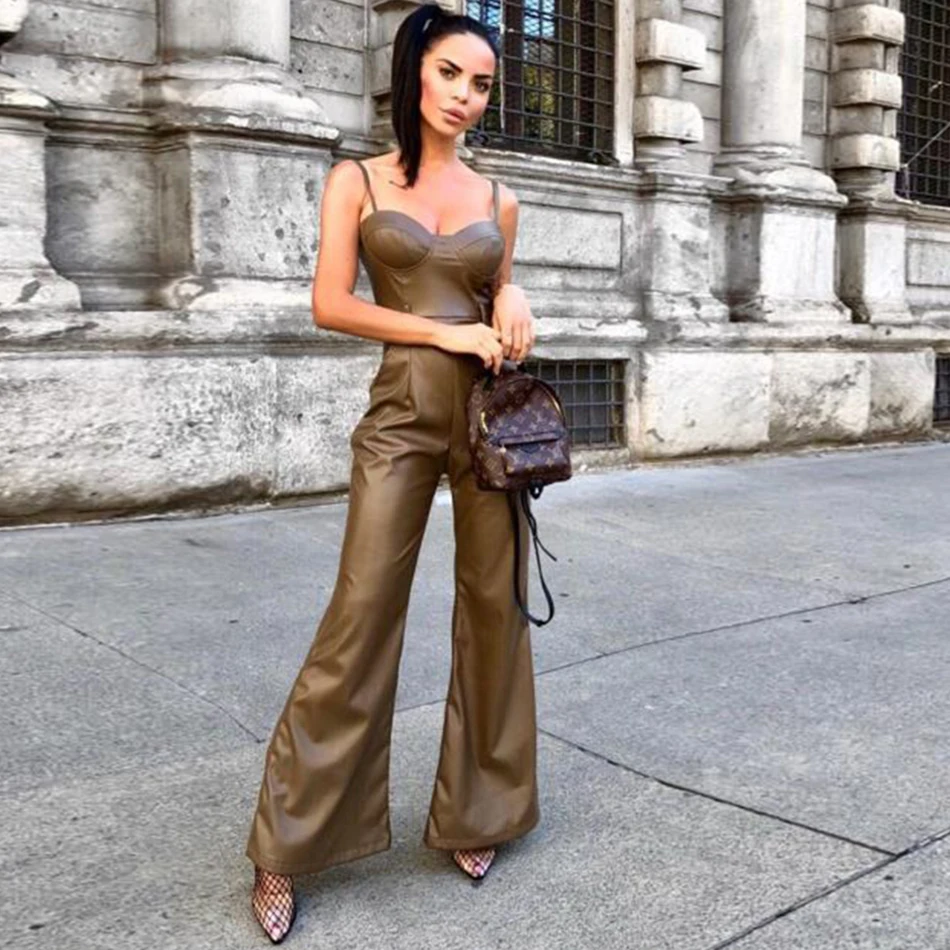 New-Celebrity-High-Quality-Non-slip-Army-Green-Leather-Loose-Jumpsuit-2019-New-Belt-Decoration-Sexy (2)