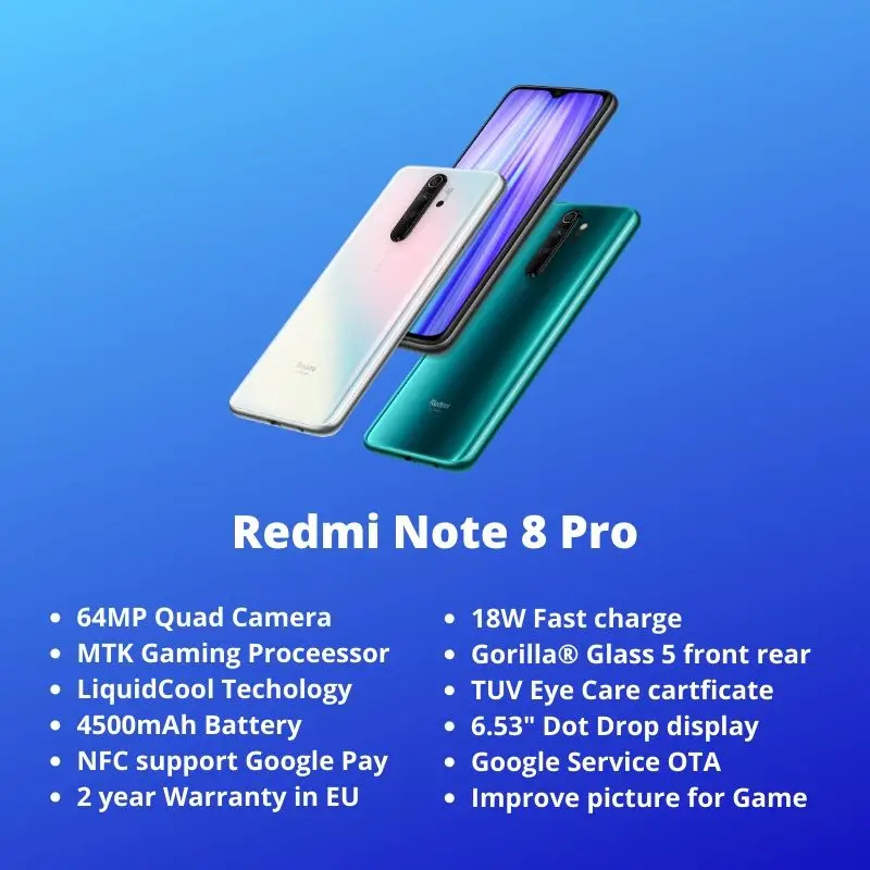Redmi Note 8 Pro Xiaomi Глобальная версия 6 ГБ 64 ГБ / 128 ГБ Смартфон G90T Octa Core 6,53 ”64-мегапиксельная 4500 мАч NFC Мобильный телефон Android