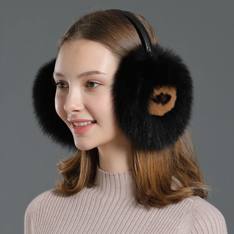 black Winter Earmuffs Real Fox Fur With Rabbit Warm Headphones for Women New Fashion Fluffy Natural Fur Ear Earmer Protector - Цвет: black