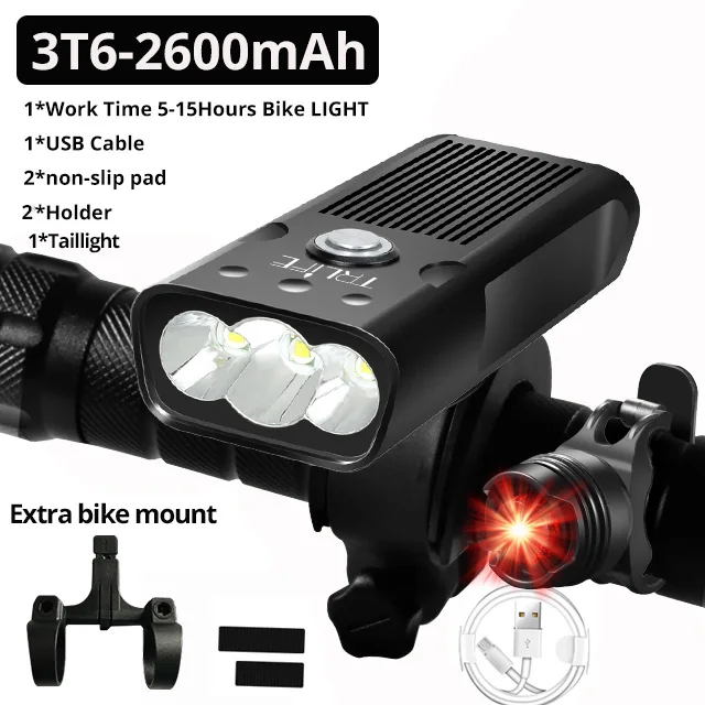 10000mAh Bike Light USB Rechargeable 5000 Lumens Bike Headlight 6T6 LED Super Bright Flashlight Front Lights and Back Rear light 2600mAh set