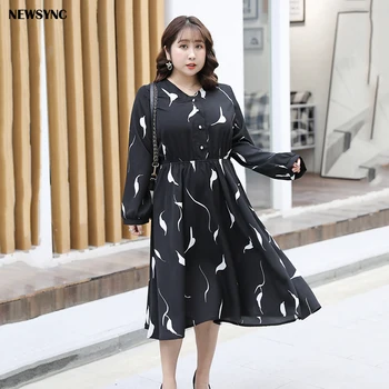 

NEWSYNC Female Dresses New Summer Spring Women 2020 Big Size Long Sleeve V-neck Printed Elastic Waist Plus size Ladies Dress