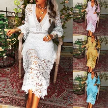 

2022 Spring Clothes Sexy See Through Lace Long Sleeve Sweet Style V Neck Lady Office Zipper Dress Autumn Fashion Women Clothing