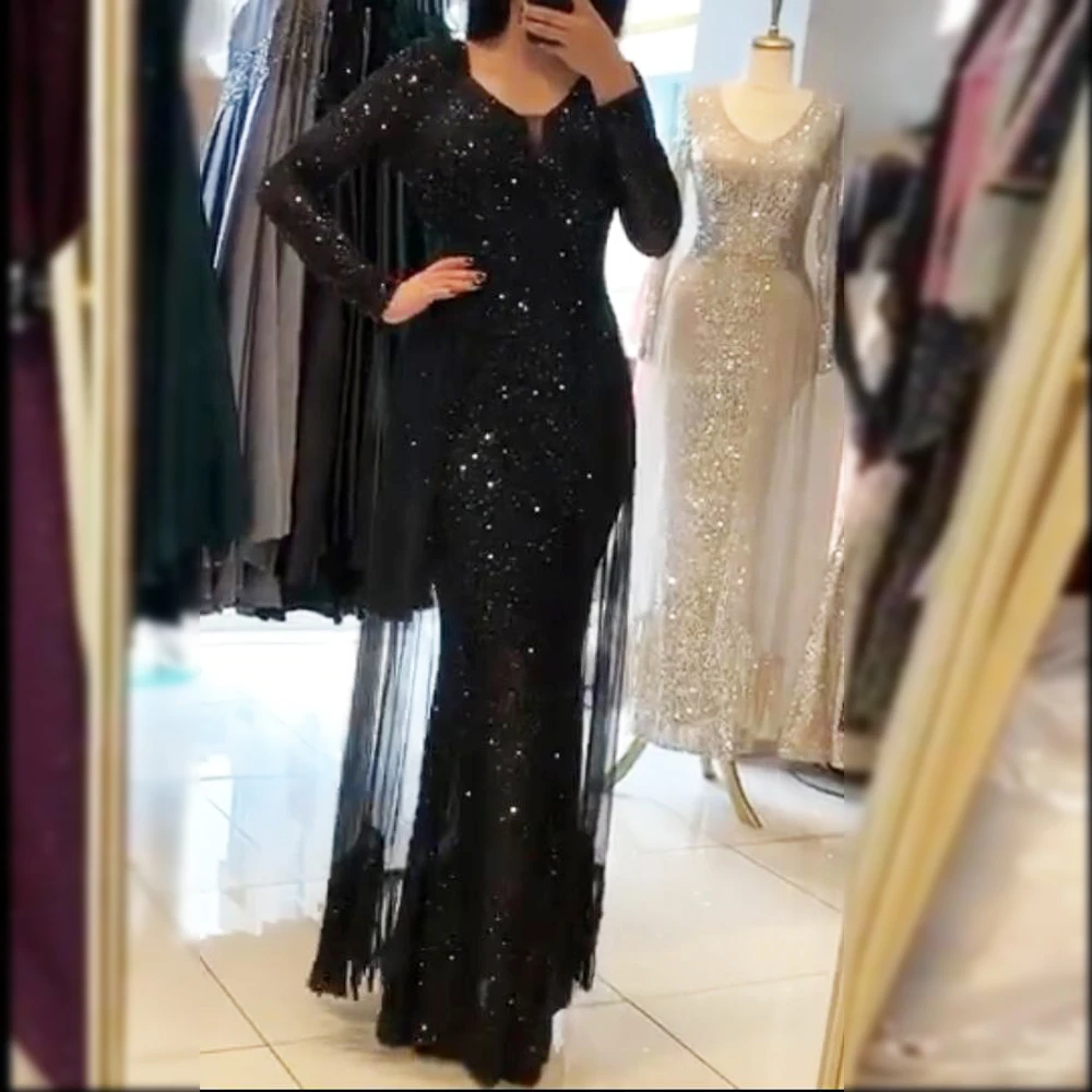 

V Neck Sequined Formal Evening Dress Tassel Mesh Skirt Floor Length Stretchy Full Sleeved Maxi Dress