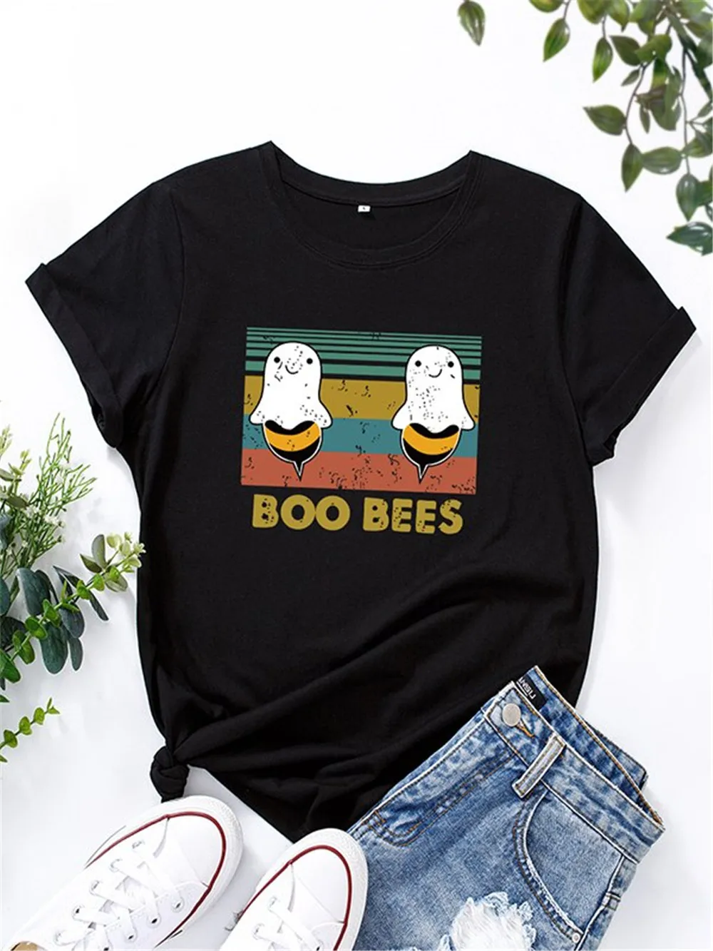 Camiseta de algodón con estampado de abejas para mujer, Blusa de manga corta con cuello redondo