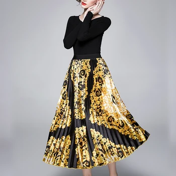 

HAMALIEL Elegant Spring Women's V Neck Knitted Elastic Thin Sweater Two Piece Set + Runway Floral Print Long Pleated Skirt Suit