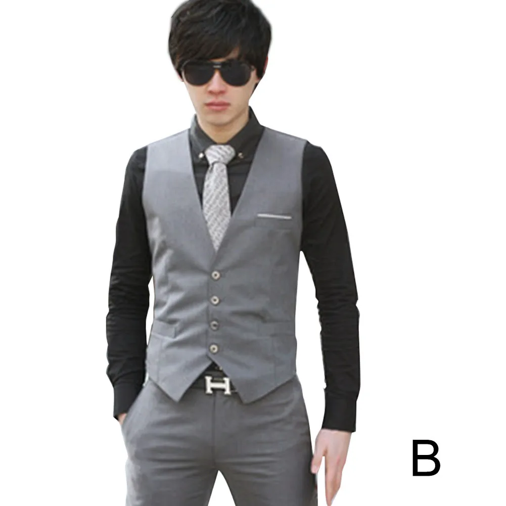 Gray B Для мужчин сплошной Цвет жилет Slim Fit однобортный повседневный деловой жилет на весну EIG88 - Цвет: Gray B