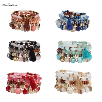 

Banny Pink Bohemia Multi Beads Strand Bracelets For Women Handmade Statement Bangle Bracelet Beach Tassel Charm Bracelet Pulsera