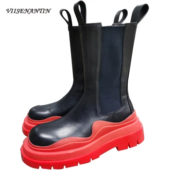 

Autumn Fashion Flat Platform Color Sole High Heel Mid-calf Western Boots Round Toe Real Leather Elastic Brand Casual Shoes Women