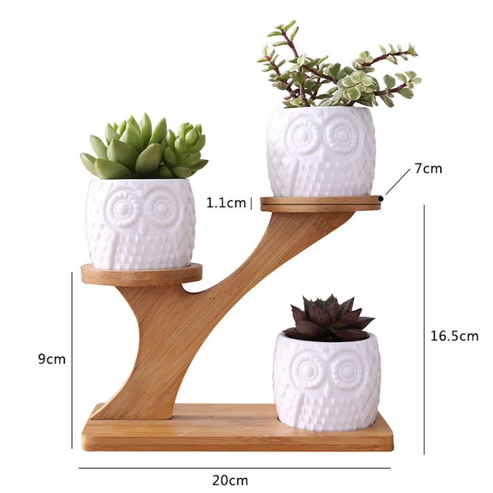 Owl Pattern 3pcs Ceramic Flower Pots Planters with Bamboo Shelf Rack Succulent Plant Flower Pot Holder Planter Home Decor