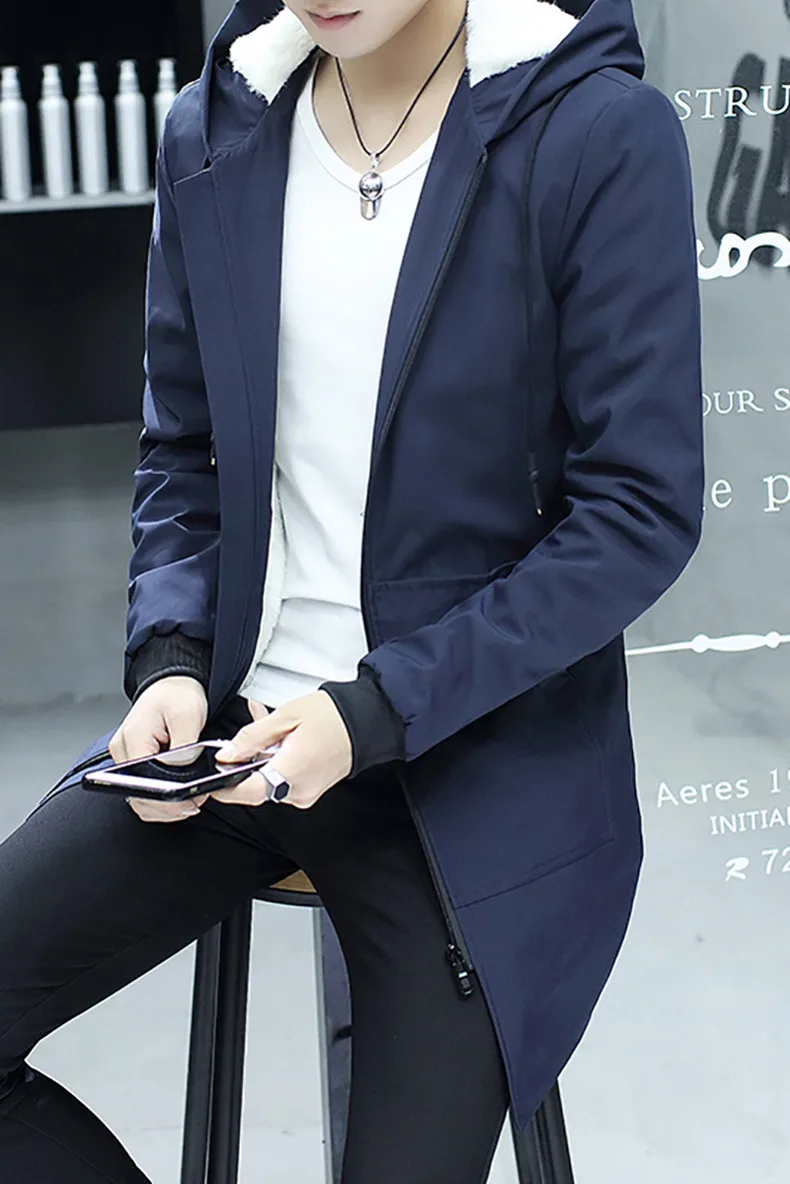 Navy blue Зимняя куртка мужская с капюшоном Тонкая Корейская парка Hombre длинная куртка кашемировая Мужская ветровка Парка хлопковая молодежная одежда - Цвет: Navy blue