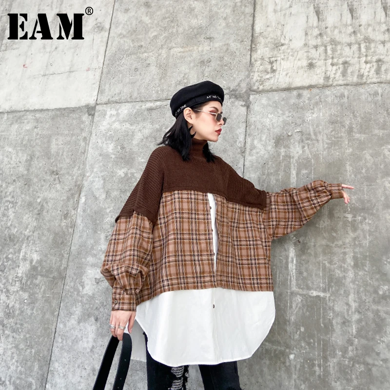 [EAM] Женская клетчатая вязанная блуза большого размера, новая водолазка с длинным рукавом, свободная рубашка, модная весенняя Осенняя 1N308