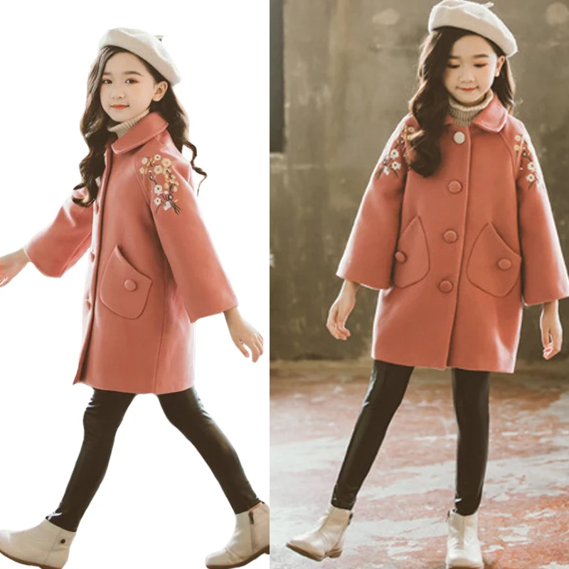 Одежда для девочек новое модное шерстяное пальто с длинными рукавами и вышивкой Толстая теплая детская одежда качественная одежда для детей от 4 до 11 лет