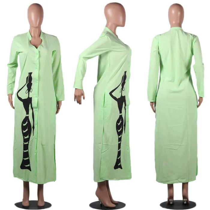 Однобортное модное сексуальное женское длинное платье летнее с v-образным вырезом и длинным рукавом повседневное с разрезом сбоку прямое платье-рубашка с принтом L042