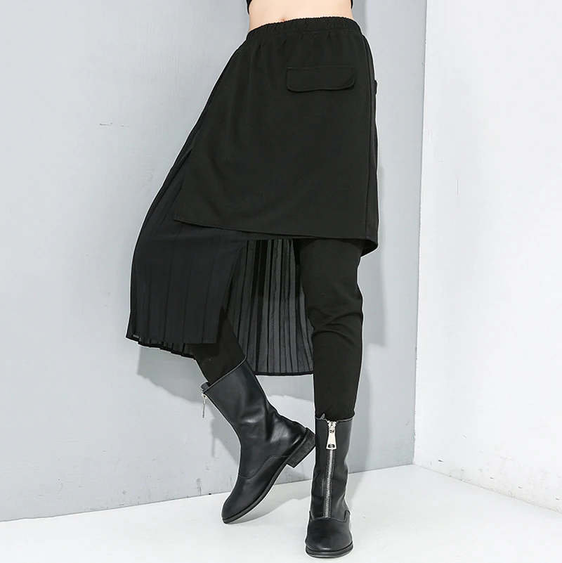 [EAM] длинные черные Асимметричные плиссированные брюки с высокой эластичной талией, новые свободные брюки, женские модные весенне-осенние 1M898