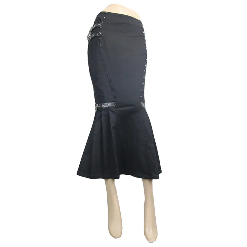 Devil Fashion Women's Punk RivetsTrumpet Hem Mid-Calf Casual Mermaid Skirt