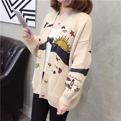 Women Print V Neck Sweater Cardigan Female Spring Winter Knitted Cardigan Coat Ladies Preppy Style Outerwear Big Pocket AA11938 - Цвет: Хаки