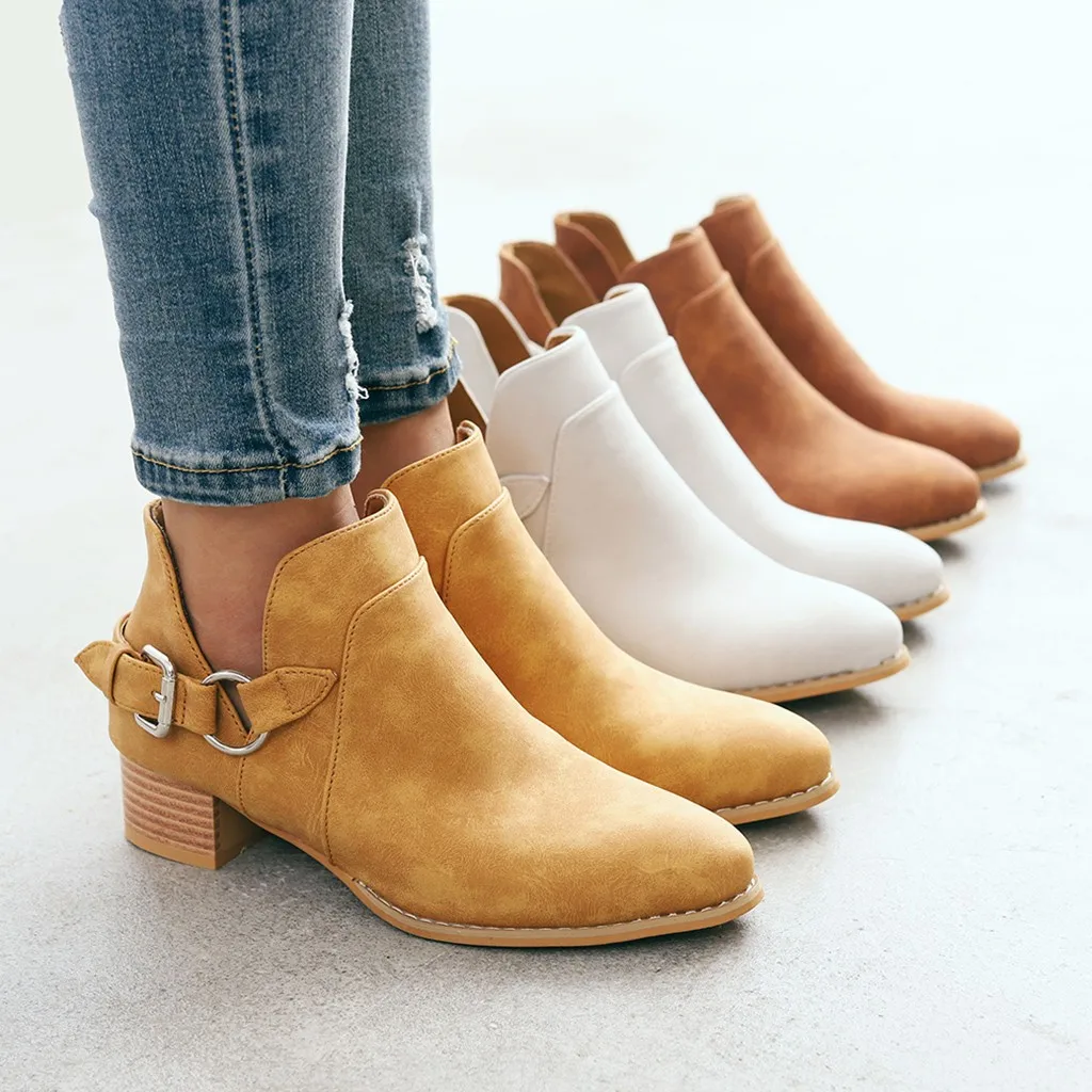 

Women's Retro Short Boots Autumn Rome Boot 2019 Lady Stylish Outdoor Mid Heels Ankle Shoes Pointed Toe Vintage Slouchy Botas New