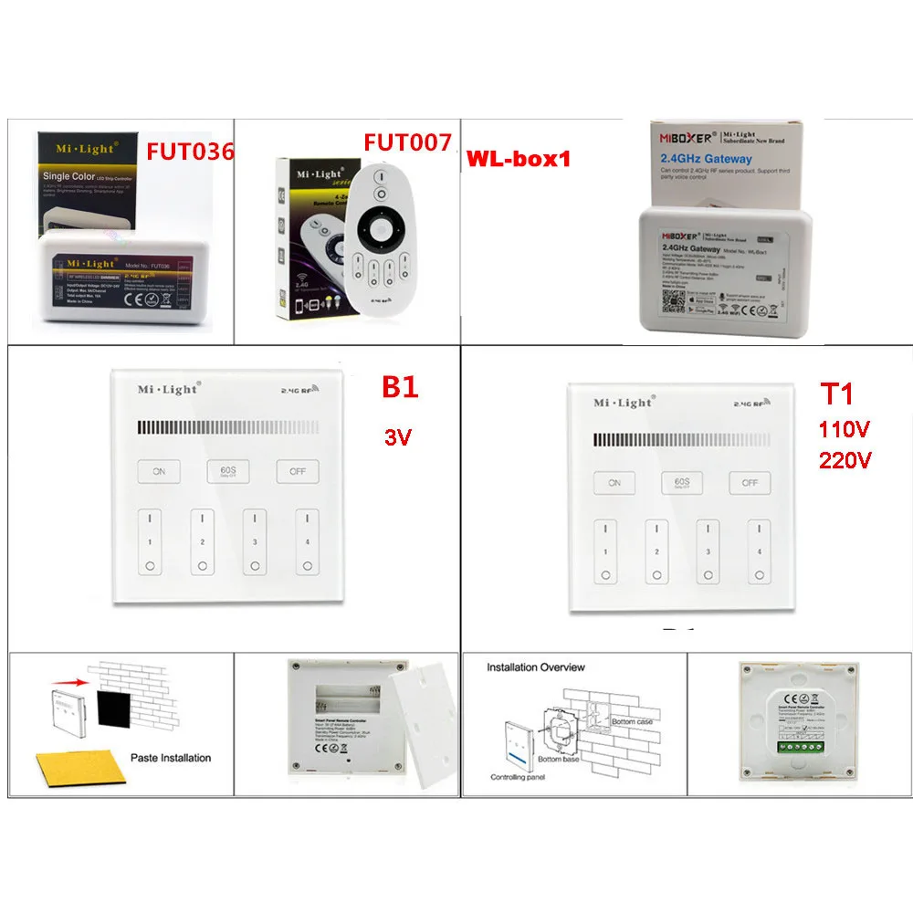 

Miboxer B1/T1 4-Zone Smart Panel Remote;FUT036 Single Color Controller WL-Box1 WiFi iBox Smart Controller for led strip