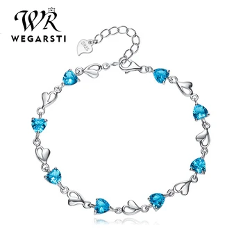 

WEGARASTI Silver 925 Jewelry Bracelets For Women Aquamarine 925 Sterling Silver Heart Charm Bracelets Party Anniversary Jewelry
