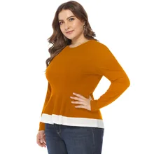 Весна, Европейский и американский стиль, широкий мм обхват талии, оборка, контрастный цвет, подол, длинный рукав, в полоску, большой размер, Женский Топ