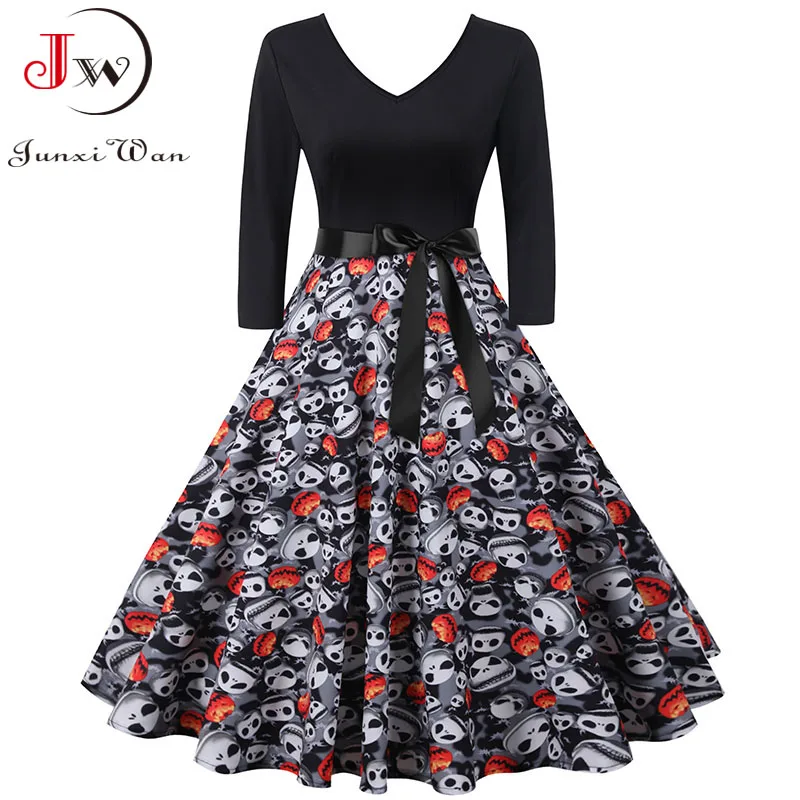 Halloween Women Party Dress Black Pumpkin Skull Print V Neck Three