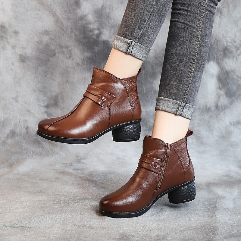 

2019 Autumn & Winter New Style Korean-style Genuine Leather round-Toe Side Zipper Chunky-Heel Short Boots Semi-high Heeled Embos