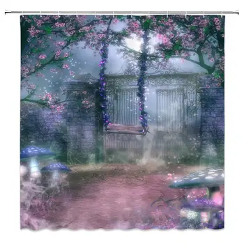 

Fairy Garden Fabric Shower Curtain Fantasy Gate Spring Flowers Swing Blue Mushrooms Fog Nature Scenery Decor Bathroom