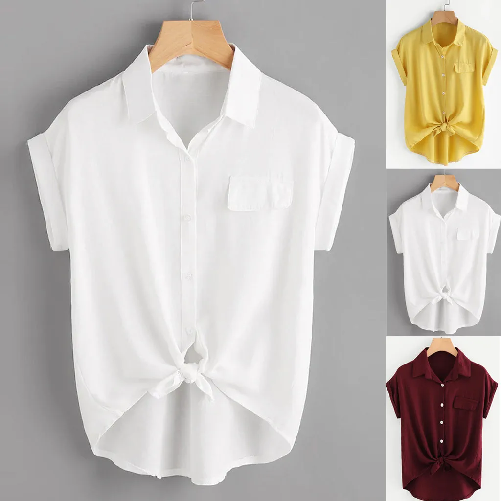 

Rolled Cuff Knotted Hem Shirt 2019 Summer Short Sleeve Button Pockets Casual Blouse Women White Office Ladies Formal Top