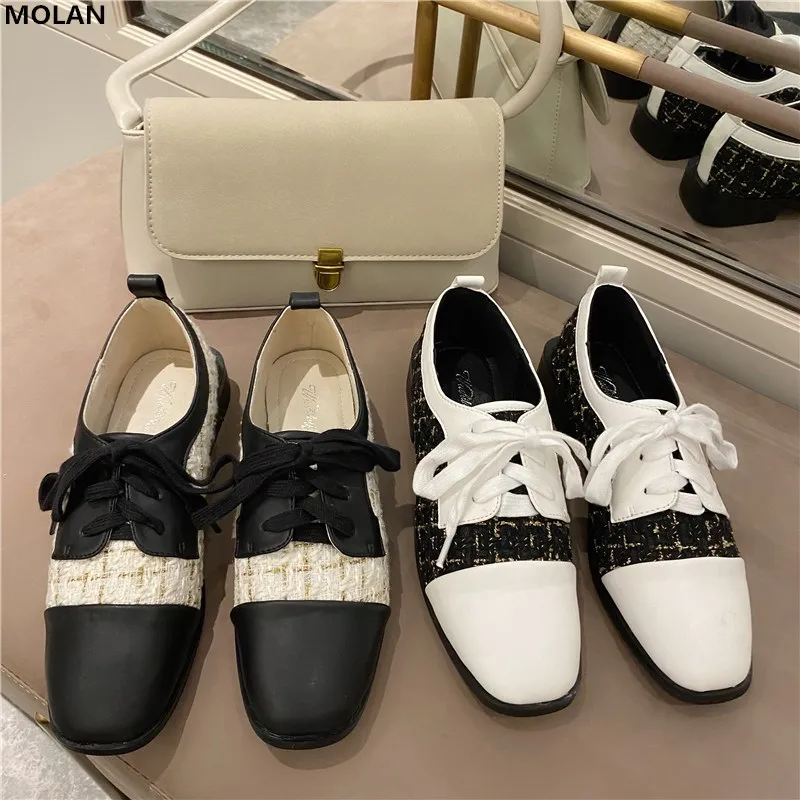 

MOLAN Brand Designers 2020 Spring New Fashion Luxury Gingham Soft Bottom Cross Tie Mix Colors Flats Brogue Shoes Women Casual