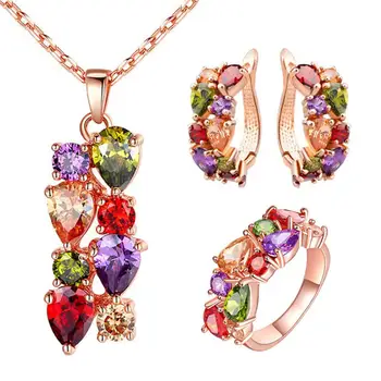 

2020mew fashion Luxury Women Multicolor Rhinestone Pendant Necklace Earrings Ring Jewelry Set for woman gift