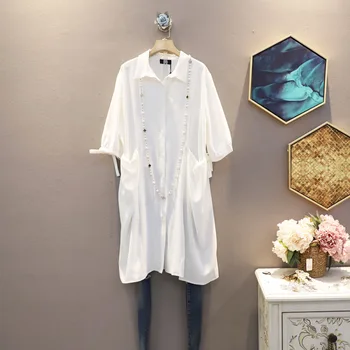 

[EWQ] 2020 Spring Summer New Pattern Lapel Short Sleeve Solid Patchwork Single Breasted Casual Shirt Women Large Size 3AJ88000