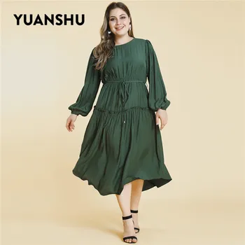 

YUANSHU Elegant Pleated Lace-up Plus Size Party Dress Women High Waist Lantern Sleeve Mid-length Dress 3XL 4XL Oversize Dresses