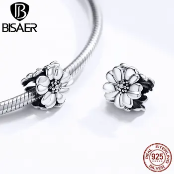 

BISAER Nobel Cherry Flowers Beads 925 Sterling Silver Trio Petals Charms fit Bracelet Original Silver 925 Jewelry Making HSC1486