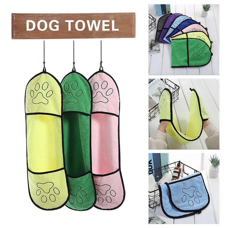 Pets Dog Bath Towels Super Absorbent Drying Towel With Double Pocket Soft Paw Print Blanket for Dogs Bathrobe Cleaning Supplies |