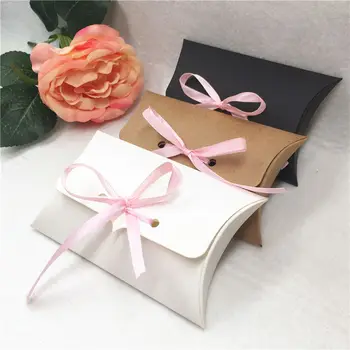 

24Pcs/Lot Brown Black White Kraft Paper Pillow Boxes For Small Coaster Soap Gifts Packaging Container Pillow Boxes With Ribbons