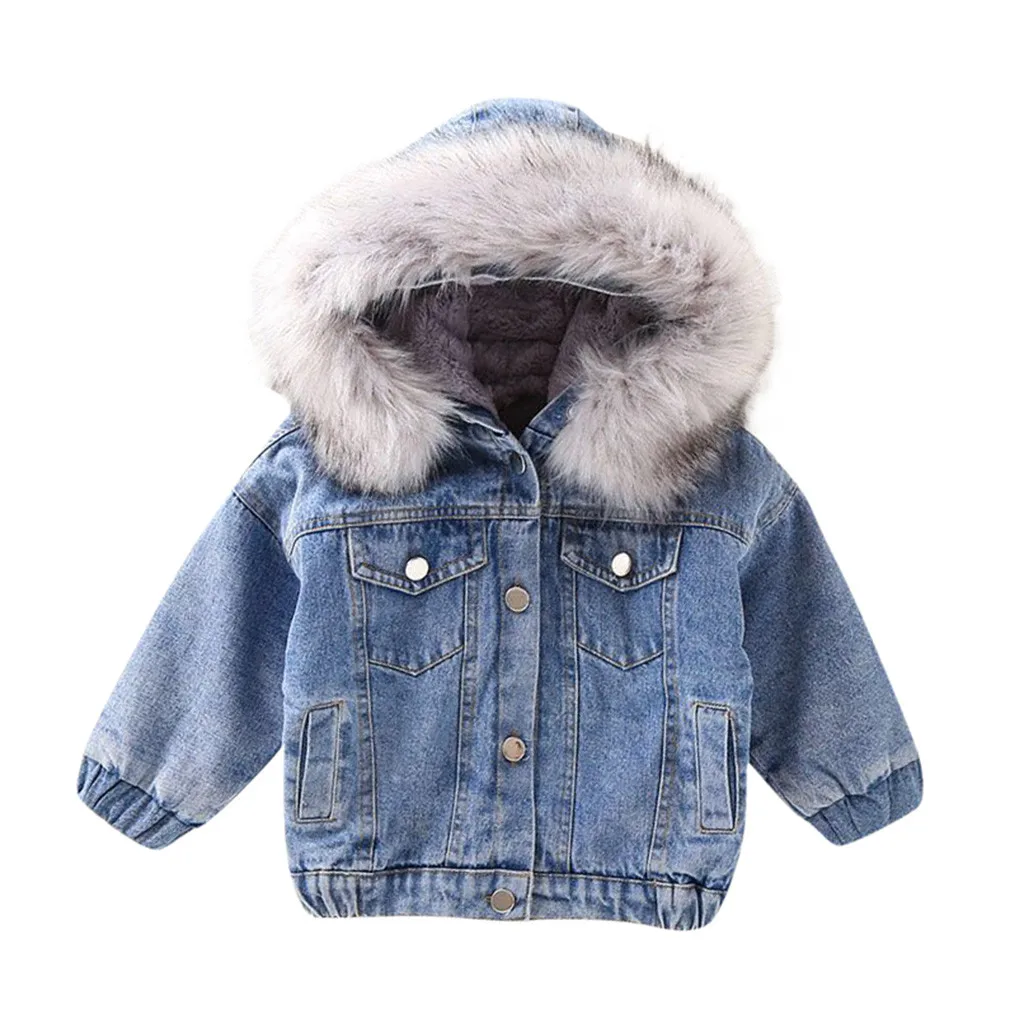 Джинсовая зимняя куртка для маленьких девочек теплое плотное джинсовое пальто с капюшоном и искусственным мехом для малышей Верхняя одежда, джинсовые куртки с капюшоном От 1 до 6 лет