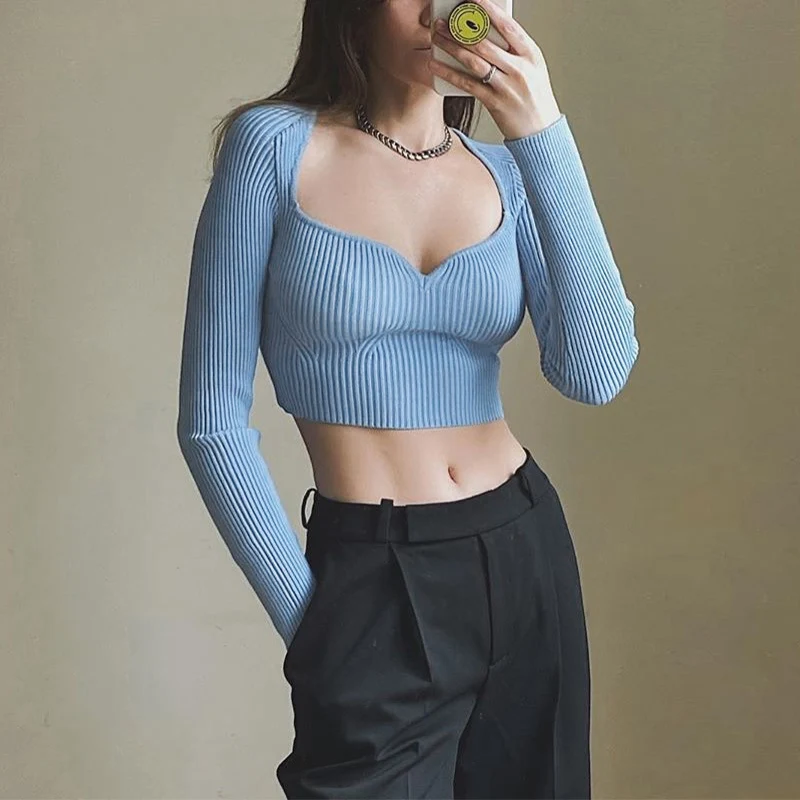 Sexy Ribbed Slim Knitted Women Crop Pullovers Solid V Neck Long Sleeve Lady Short Streetwear Jumpers 2020 Autumn Female Sweaters | Женская